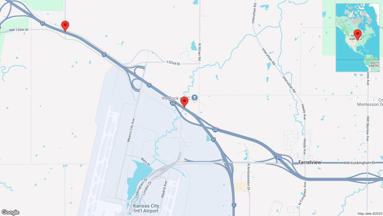 A detailed map that shows the affected road due to 'Heavy snowfall on northbound I-435/I-29 in Kansas City' on February 17th at 10:49 p.m.