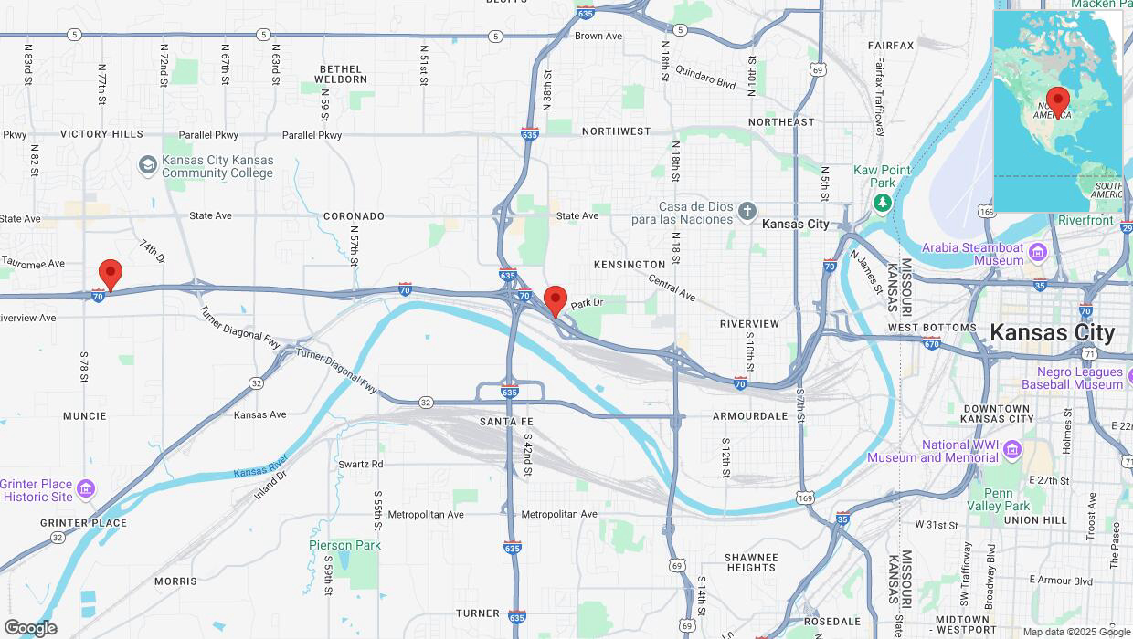 A detailed map that shows the affected road due to 'Heavy snowfall on westbound I-70 in Kansas City' on February 17th at 10:49 p.m.