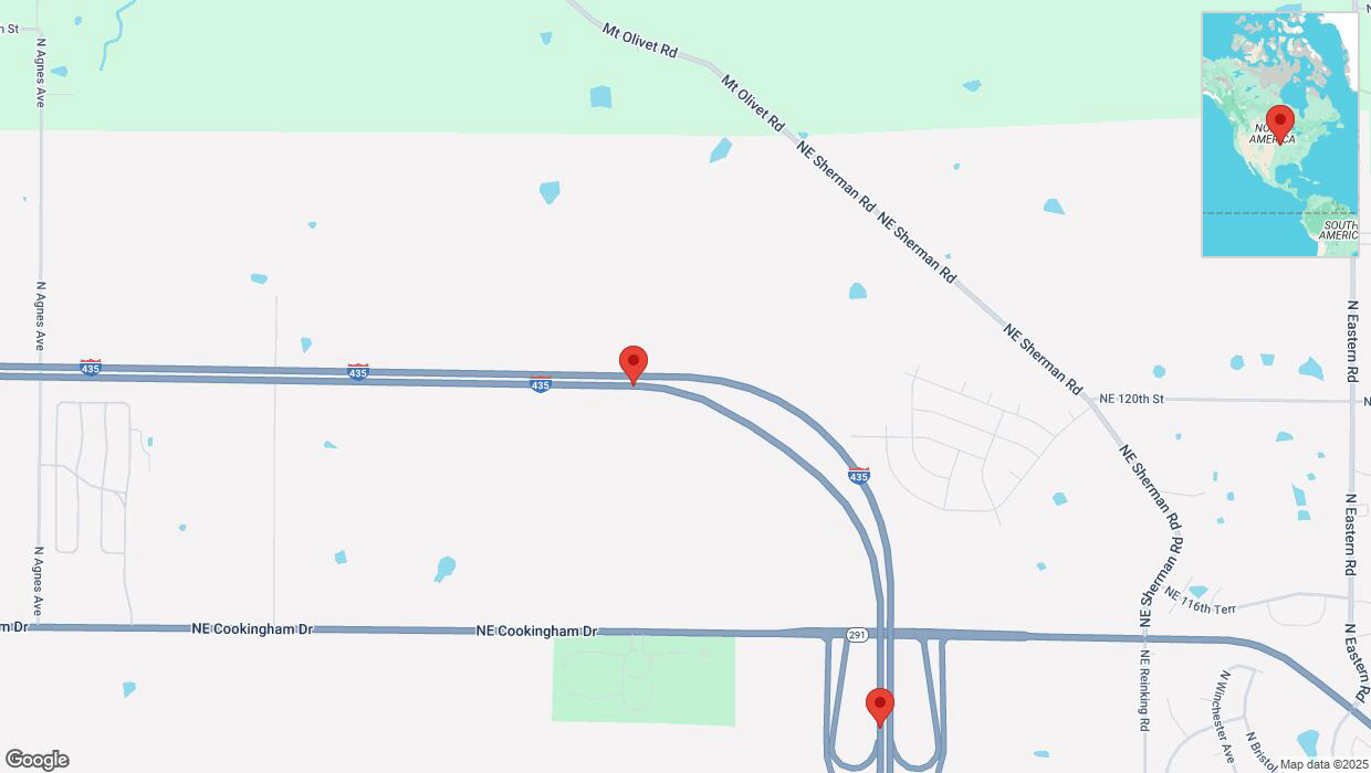 A detailed map that shows the affected road due to 'Heavy snowfall on eastbound I-435 in Kansas City' on February 17th at 10:49 p.m.