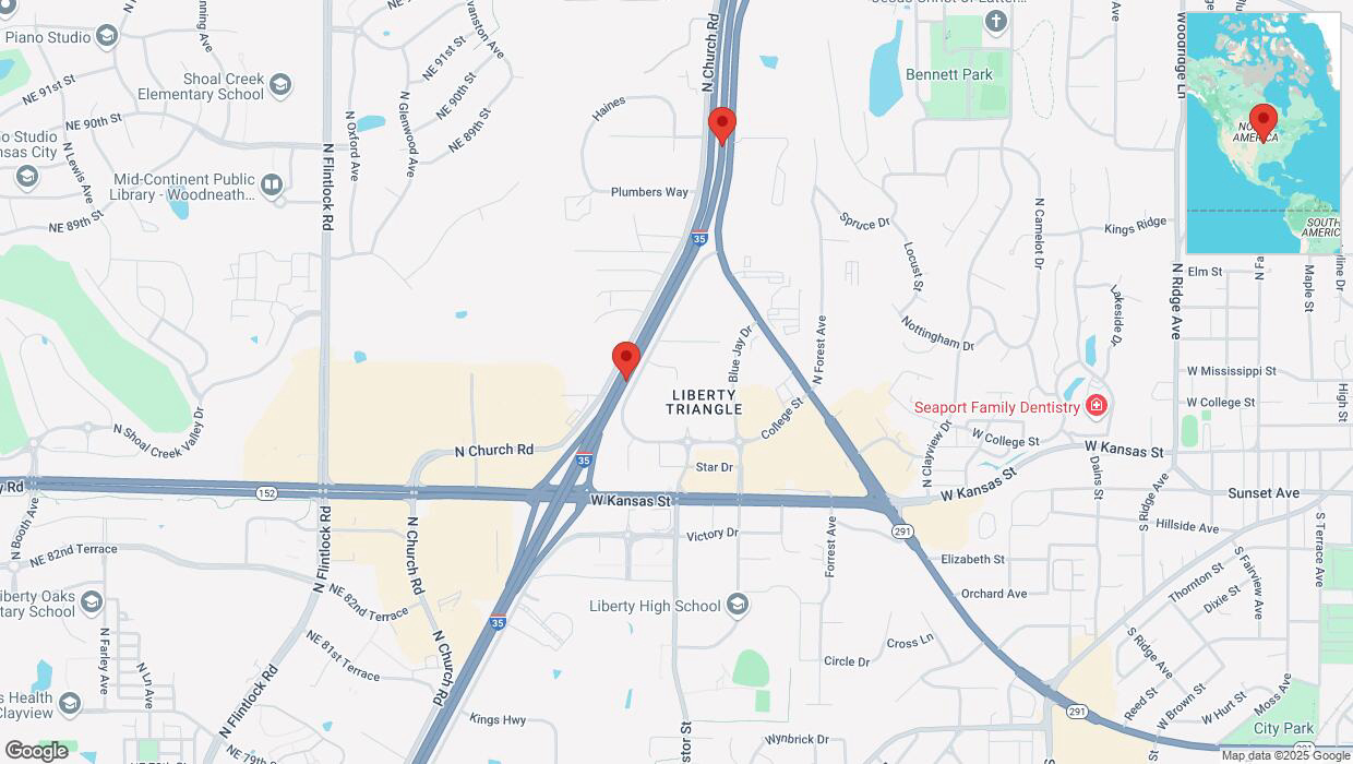 A detailed map that shows the affected road due to 'Heavy snowfall on northbound I-35 in Liberty' on February 17th at 10:49 p.m.