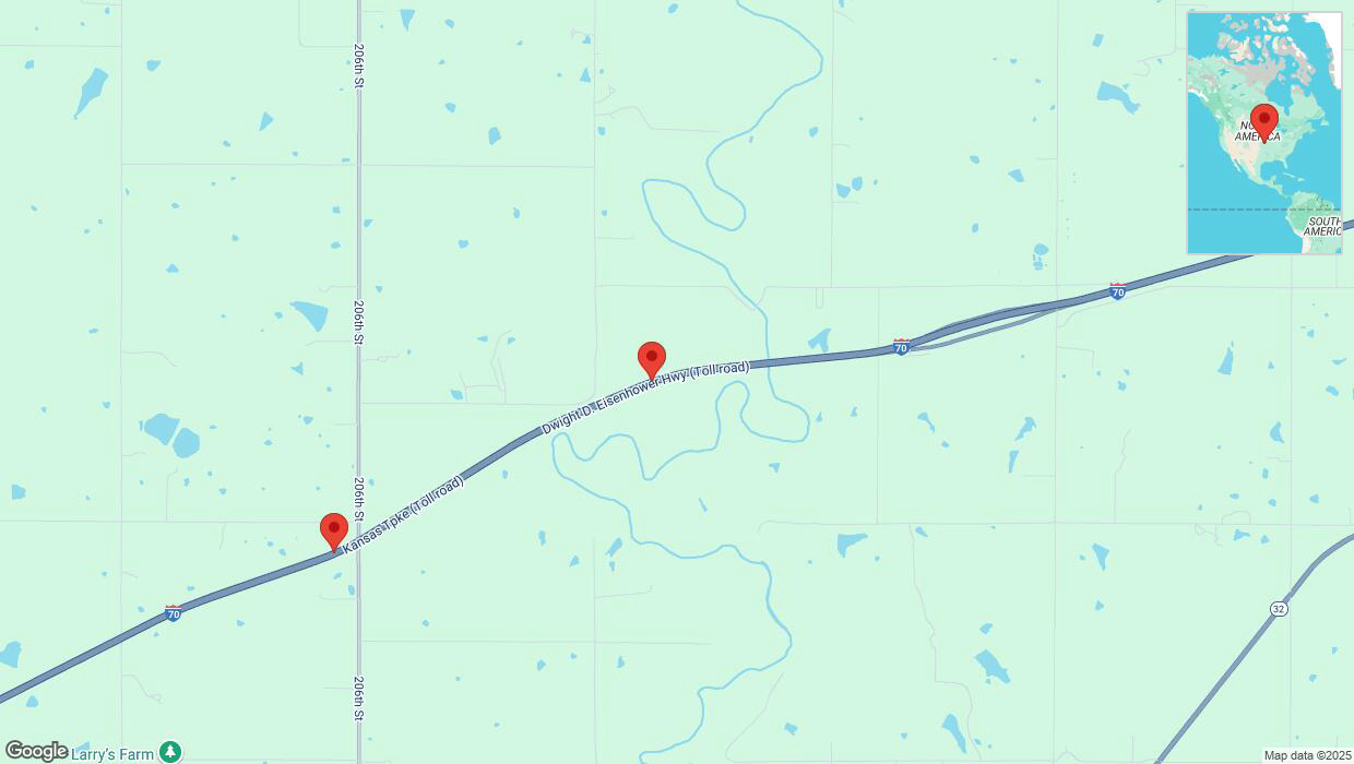 A detailed map that shows the affected road due to 'Heavy snowfall on westbound I-70 in Tonganoxie' on February 17th at 10:56 p.m.