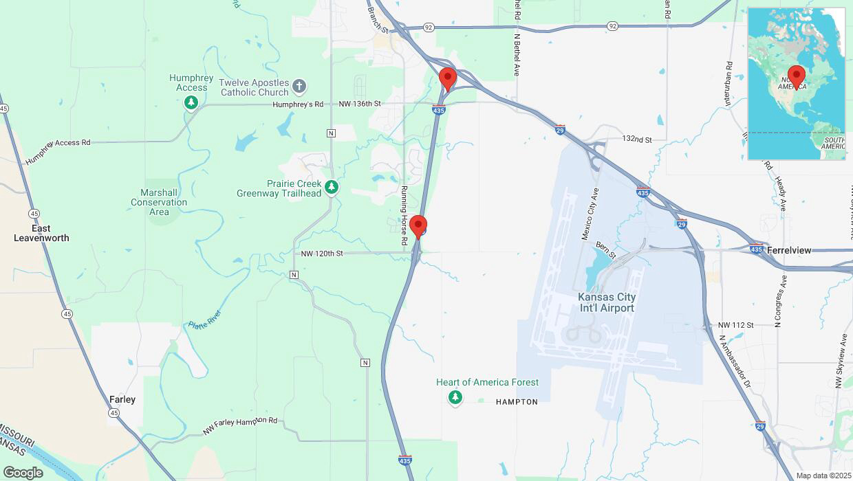 A detailed map that shows the affected road due to 'Heavy snowfall on northbound I-435 in Platte City' on February 17th at 10:56 p.m.