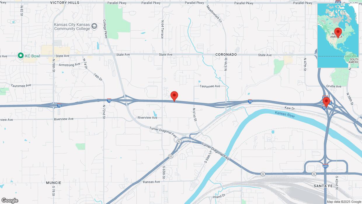 A detailed map that shows the affected road due to 'Heavy snowfall on eastbound I-70 in Kansas City' on February 17th at 10:56 p.m.