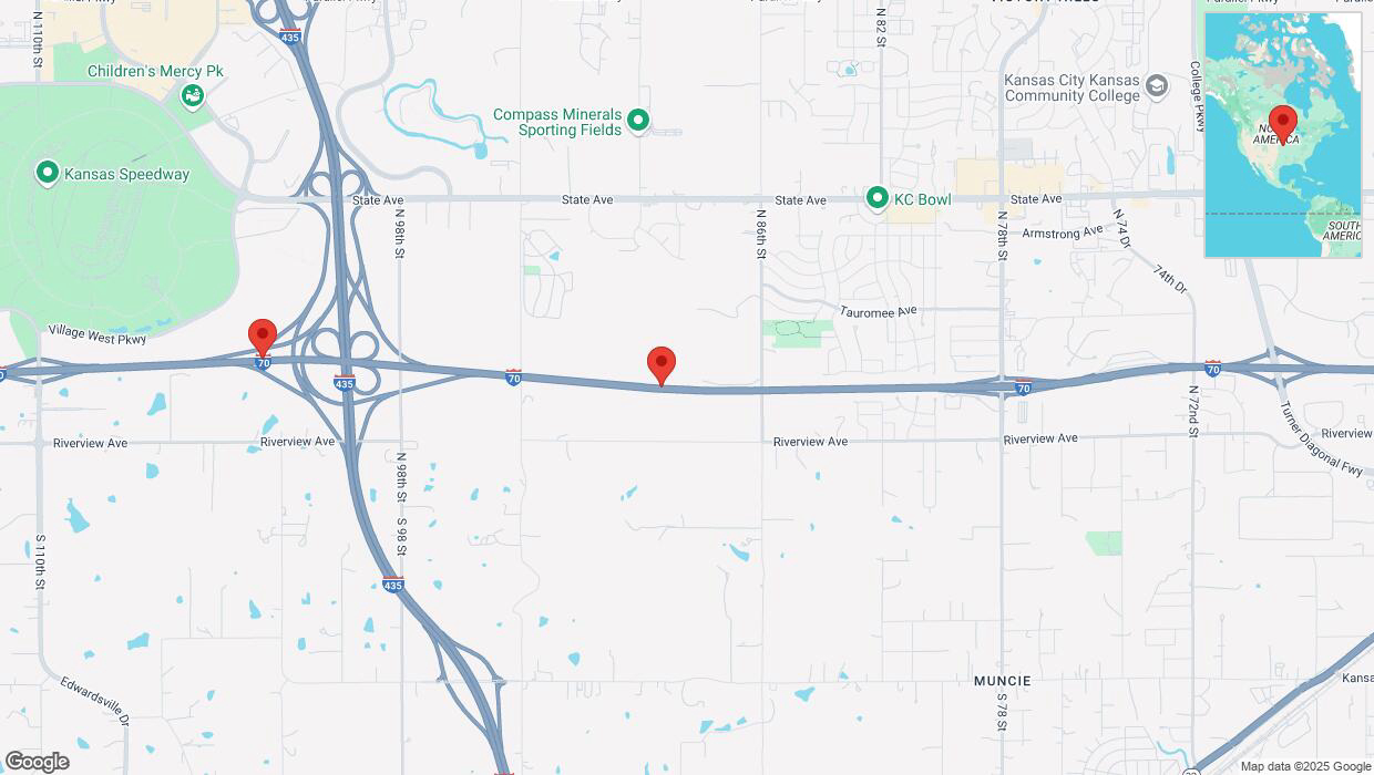 A detailed map that shows the affected road due to 'Heavy snowfall on westbound I-70 in Kansas City' on February 17th at 11:02 p.m.