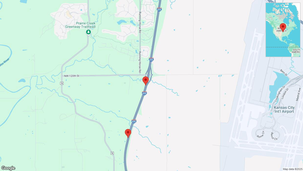 A detailed map that shows the affected road due to 'Heavy snowfall on southbound I-435 in Kansas City' on February 17th at 11:02 p.m.