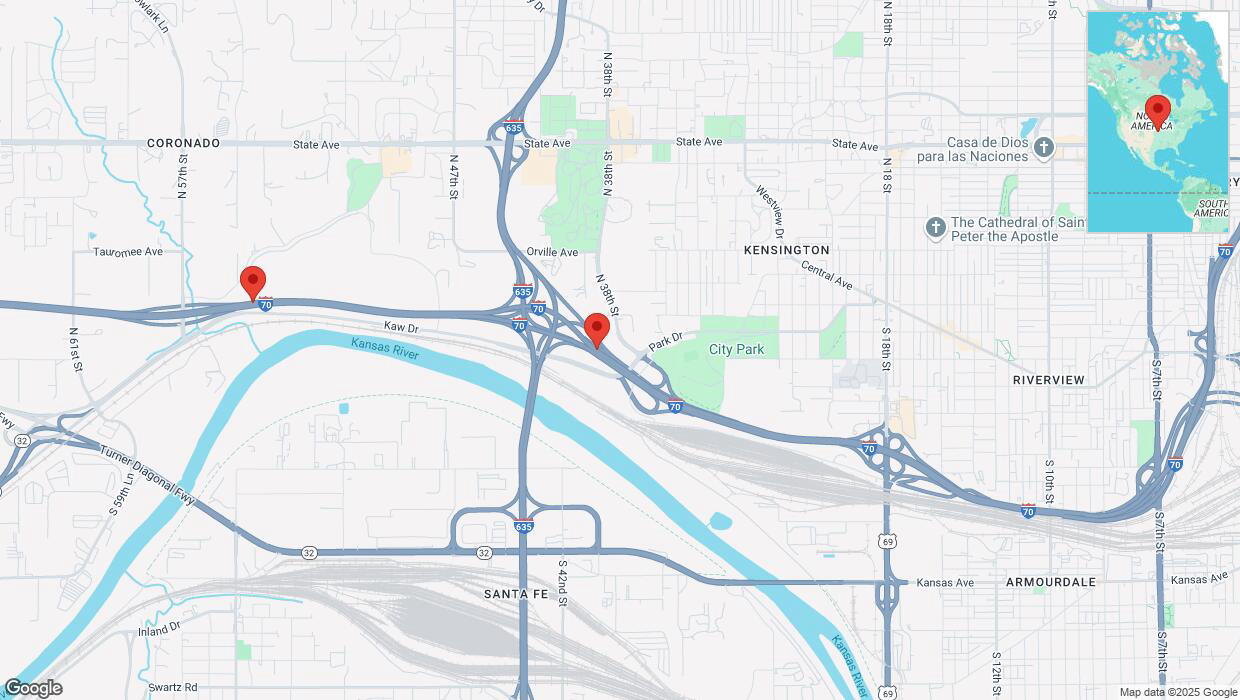 A detailed map that shows the affected road due to 'Heavy snowfall on westbound I-70 in Kansas City' on February 17th at 11:02 p.m.