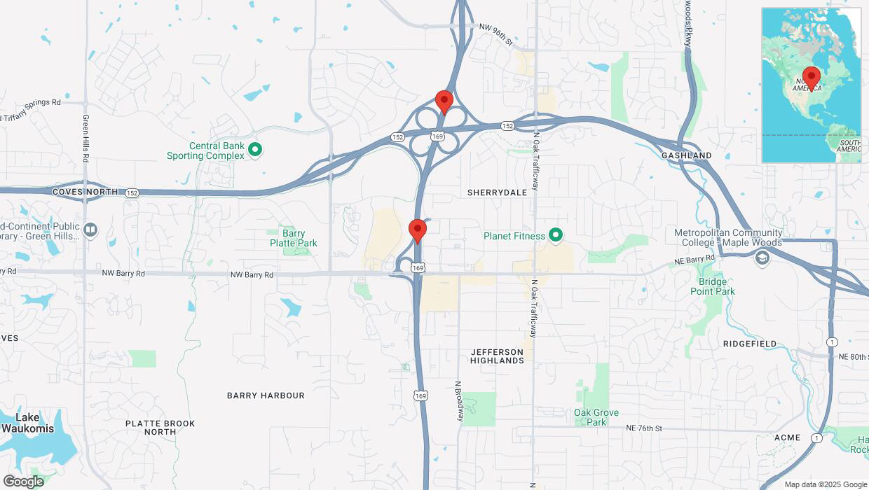 A detailed map that shows the affected road due to 'Heavy snowfall on northbound US-169 in Kansas City' on February 17th at 11:02 p.m.