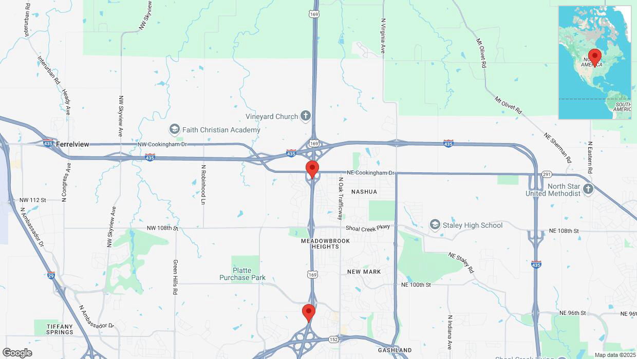 A detailed map that shows the affected road due to 'Heavy snowfall on southbound US-169 in Kansas City' on February 17th at 11:02 p.m.