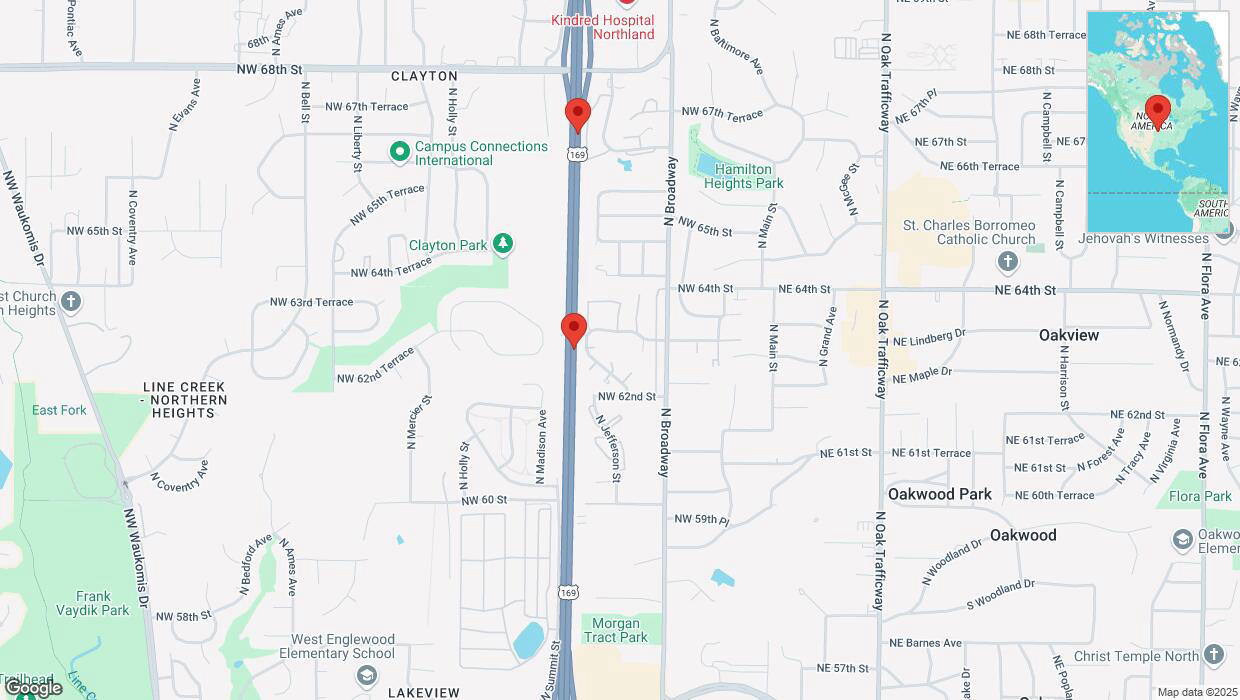 A detailed map that shows the affected road due to 'Heavy snowfall on northbound US-169 in Kansas City' on February 17th at 11:07 p.m.