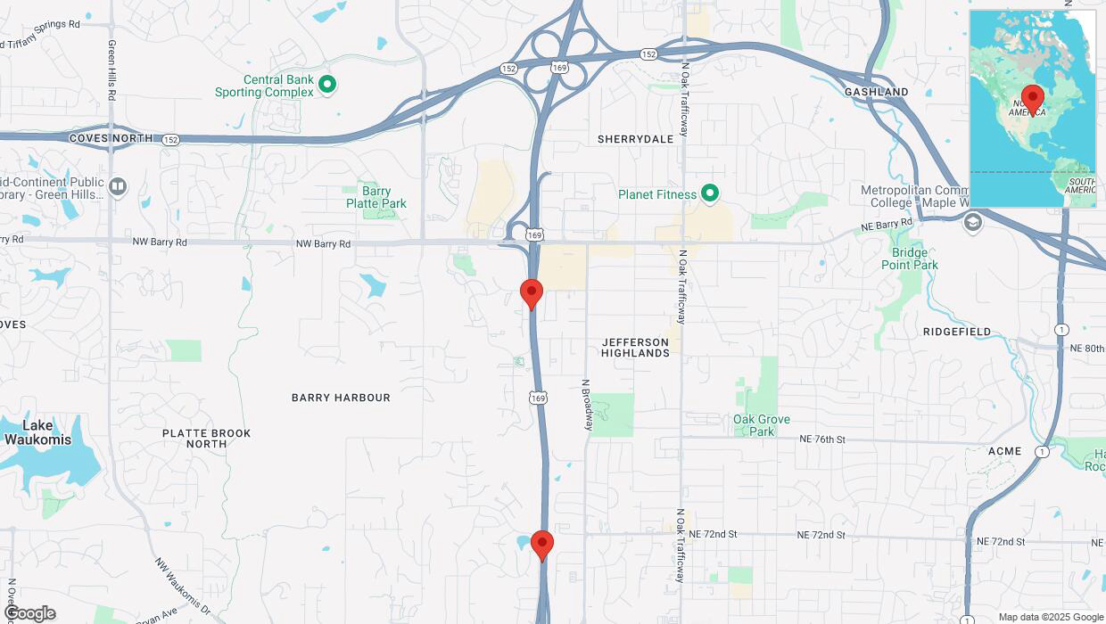 A detailed map that shows the affected road due to 'Heavy snowfall on southbound US-169 in Kansas City' on February 17th at 11:07 p.m.