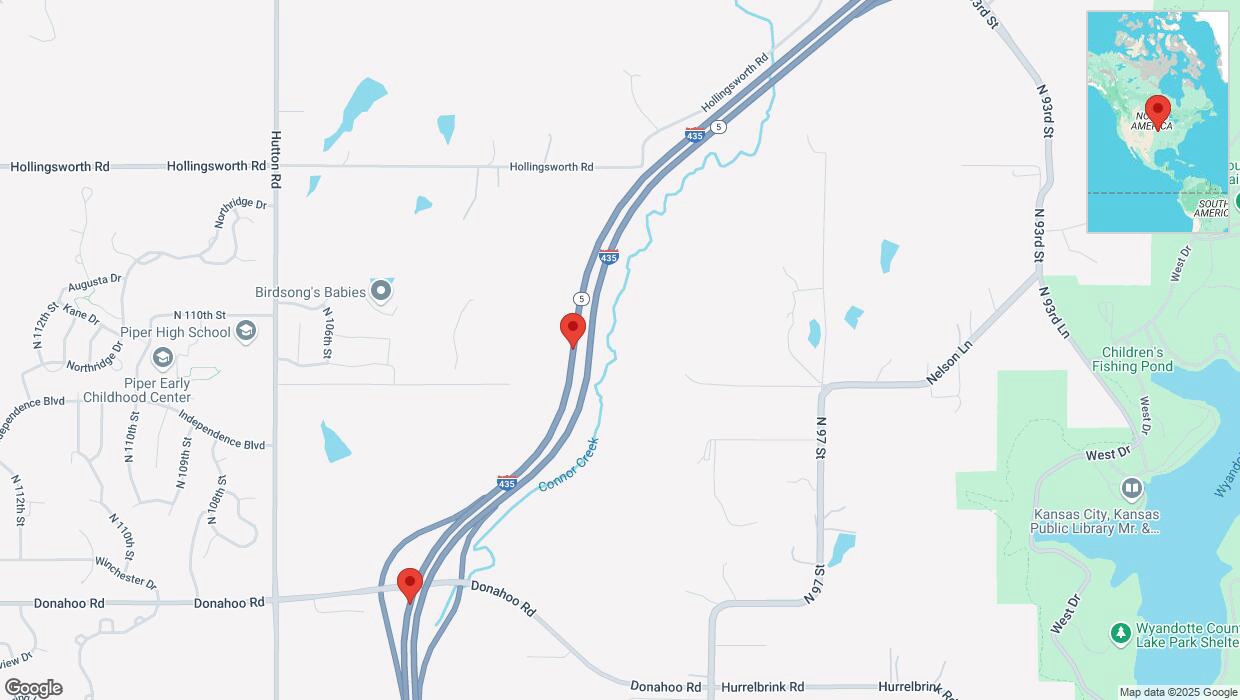 A detailed map that shows the affected road due to 'Heavy snowfall on southbound I-435 in Kansas City' on February 17th at 11:07 p.m.