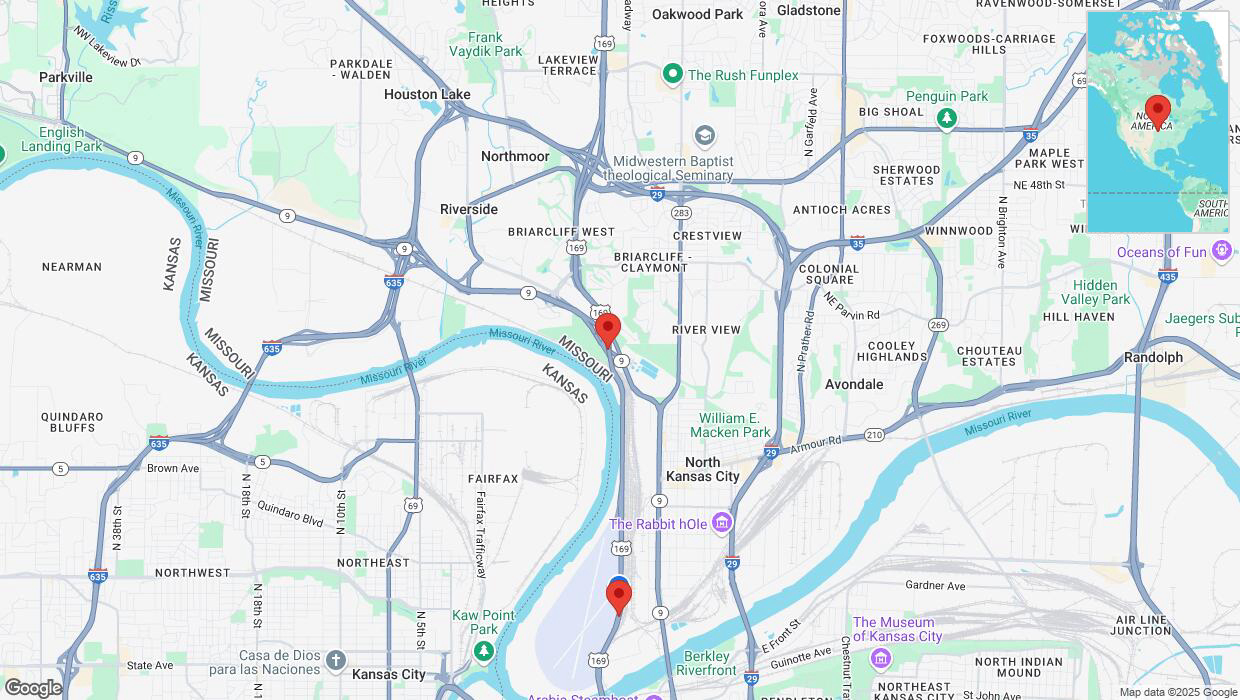 A detailed map that shows the affected road due to 'Heavy snowfall on southbound US-169 in Kansas City' on February 17th at 11:20 p.m.