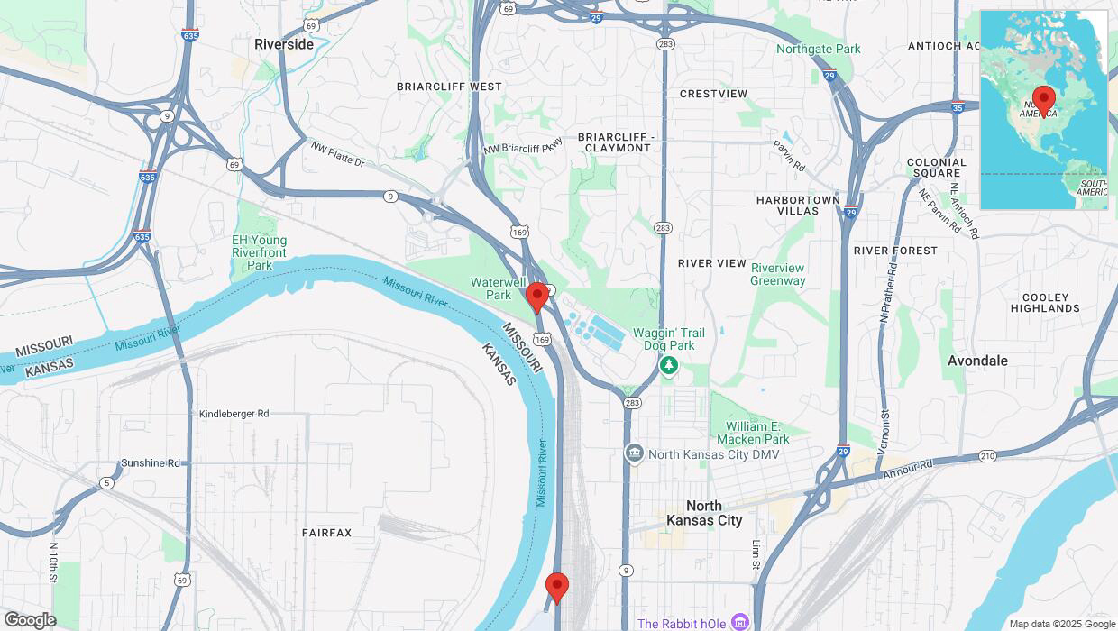 A detailed map that shows the affected road due to 'Heavy snowfall on southbound US-169 in Kansas City' on February 17th at 11:25 p.m.