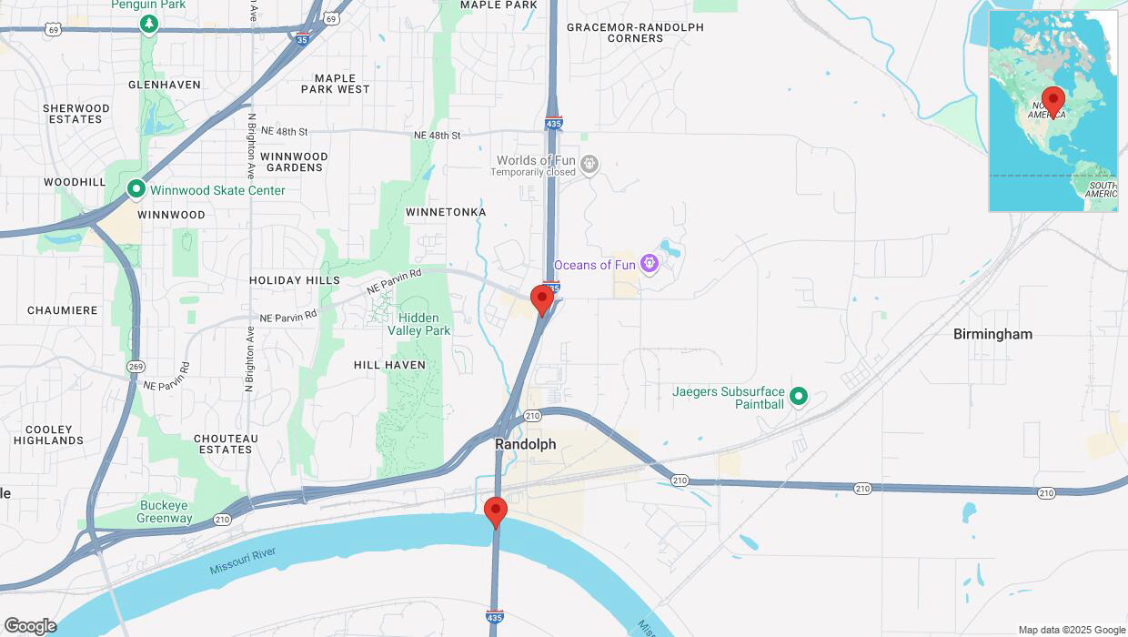 A detailed map that shows the affected road due to 'Heavy snowfall on southbound I-435 in Kansas City' on February 17th at 11:25 p.m.
