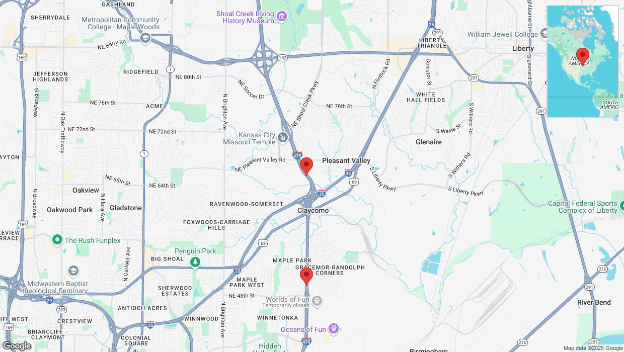 A detailed map that shows the affected road due to 'Heavy snowfall on southbound I-435 in Pleasant Valley' on February 17th at 11:25 p.m.