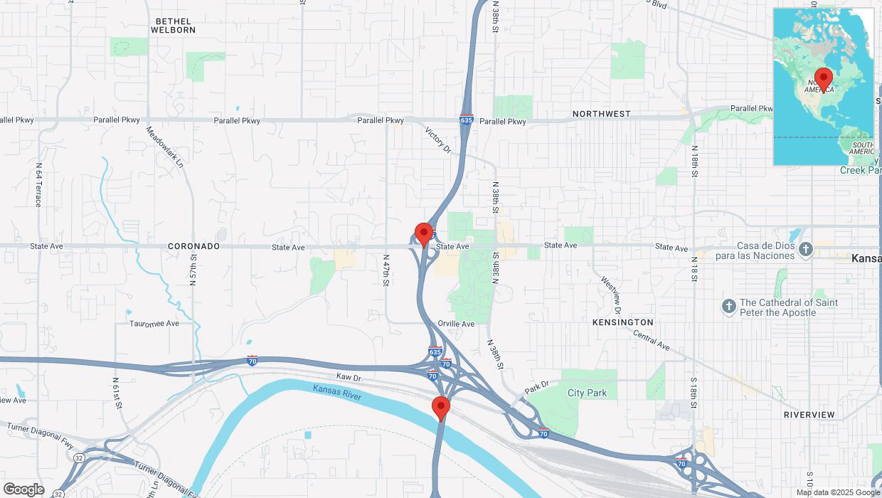 A detailed map that shows the affected road due to 'Heavy snowfall on southbound I-635 in Kansas City' on February 17th at 11:25 p.m.