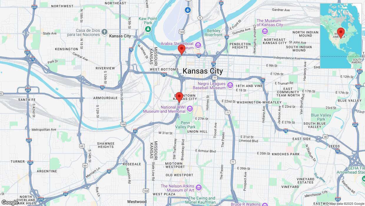 A detailed map that shows the affected road due to 'Heavy snowfall on northbound I-35 in Kansas City' on February 17th at 11:25 p.m.