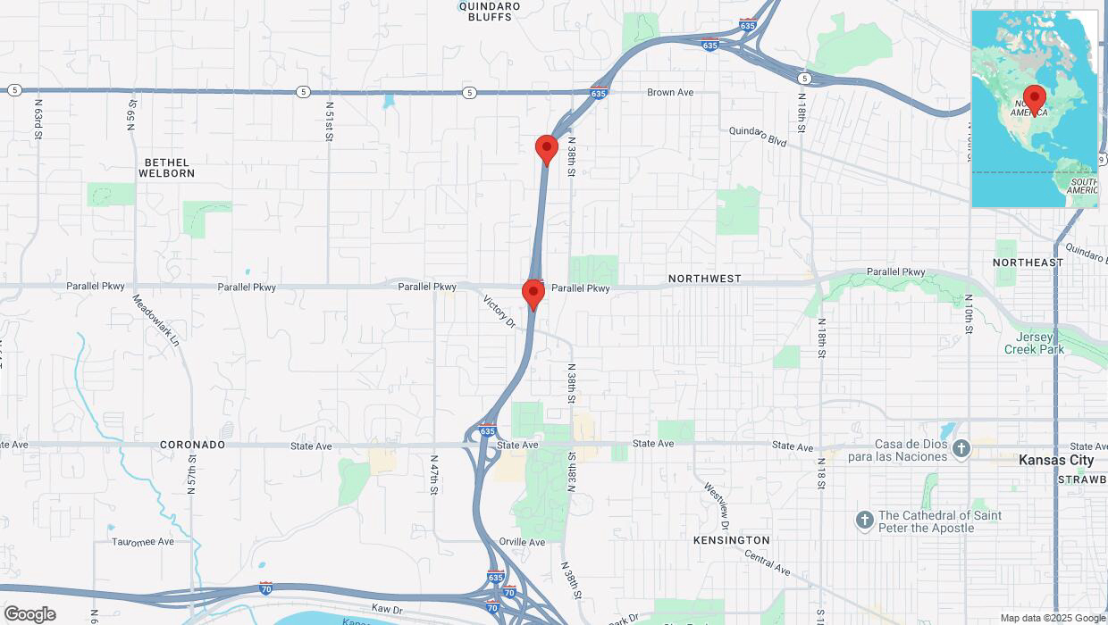 A detailed map that shows the affected road due to 'Warning in Kansas City: Crash reported on northbound I-635' on February 17th at 11:31 p.m.