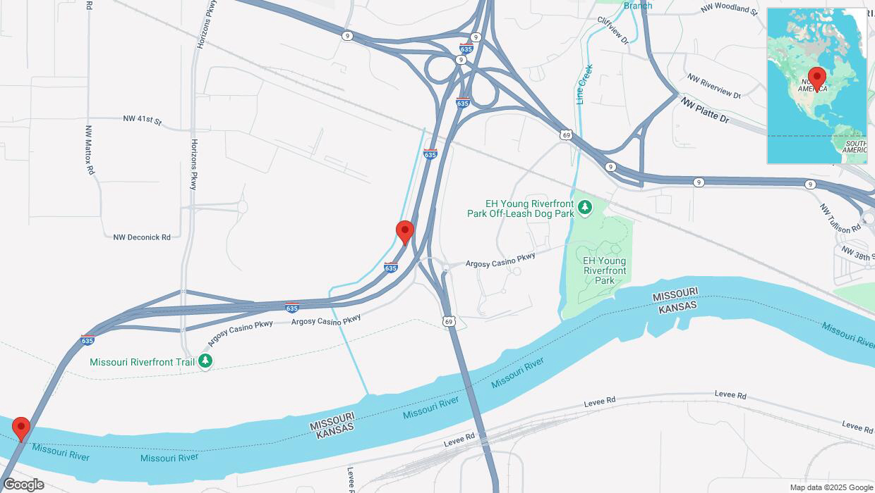 A detailed map that shows the affected road due to 'Heavy snowfall on southbound I-635 in Riverside' on February 17th at 11:31 p.m.