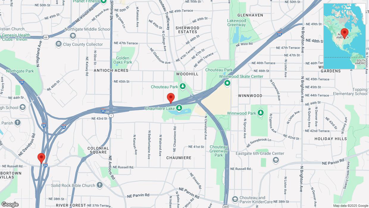 A detailed map that shows the affected road due to 'Heavy snowfall on southbound I-35 in Kansas City' on February 17th at 11:31 p.m.