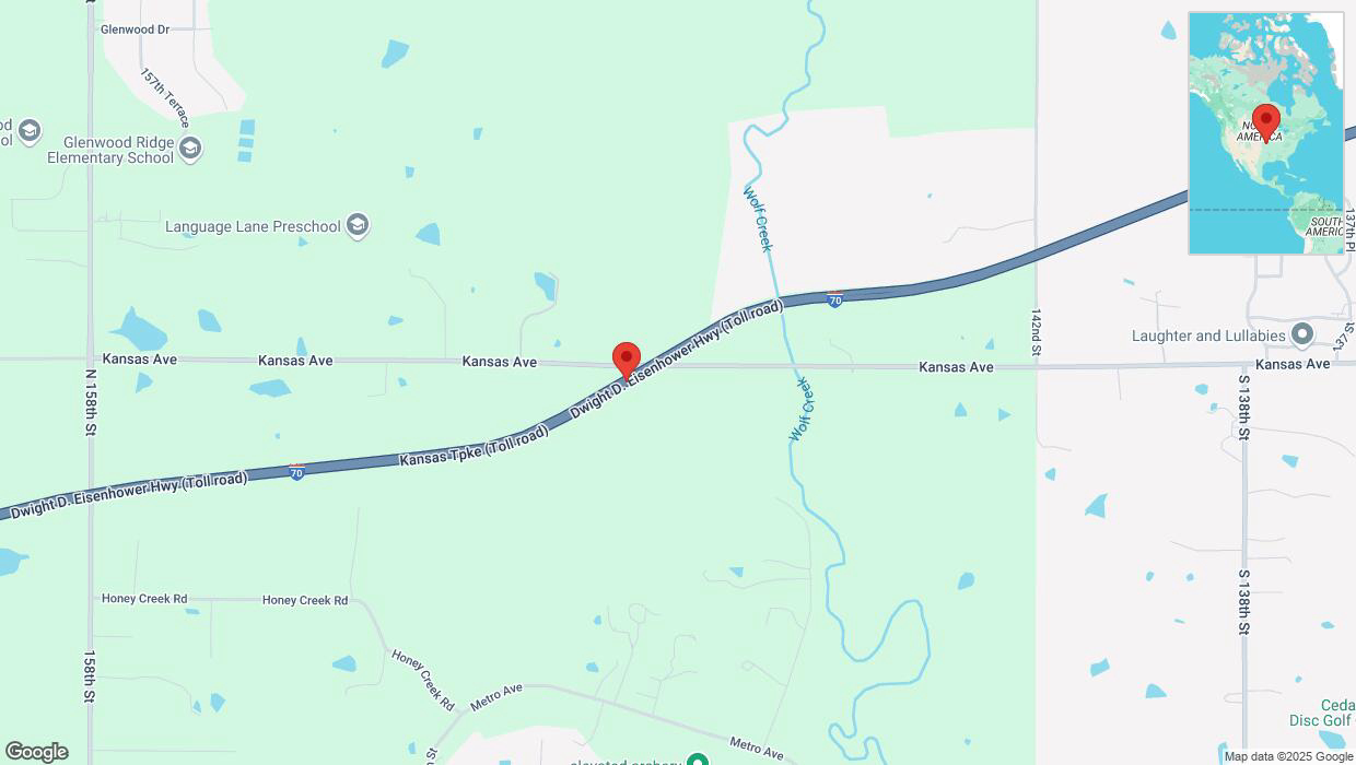 A detailed map that shows the affected road due to 'Heavy snowfall on eastbound I-70 in Bonner Springs' on February 17th at 11:37 p.m.