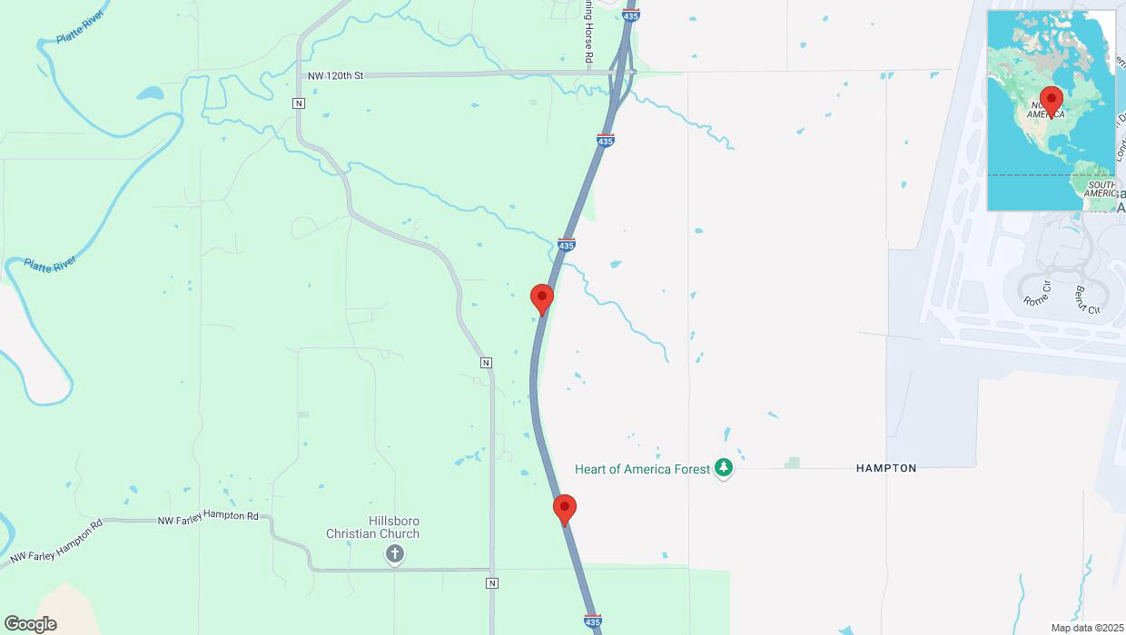 A detailed map that shows the affected road due to 'Heavy snowfall on southbound I-435 in Platte City' on February 17th at 11:37 p.m.