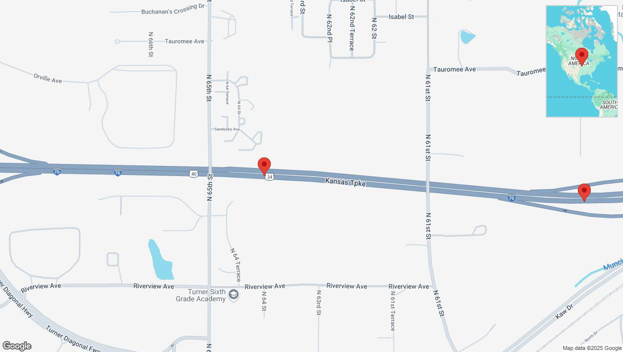 A detailed map that shows the affected road due to 'Heavy snowfall on eastbound I-70 in Kansas City' on February 17th at 11:37 p.m.