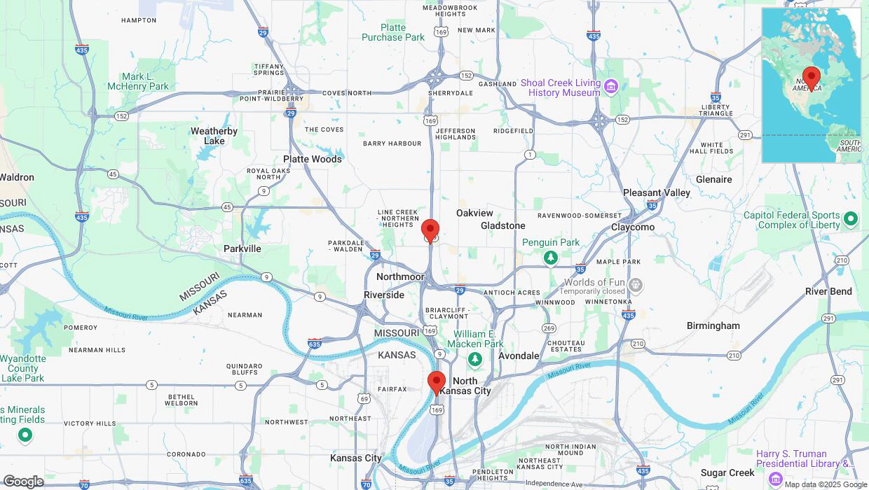 A detailed map that shows the affected road due to 'Heavy snowfall on southbound US-169 in Kansas City' on February 17th at 11:37 p.m.