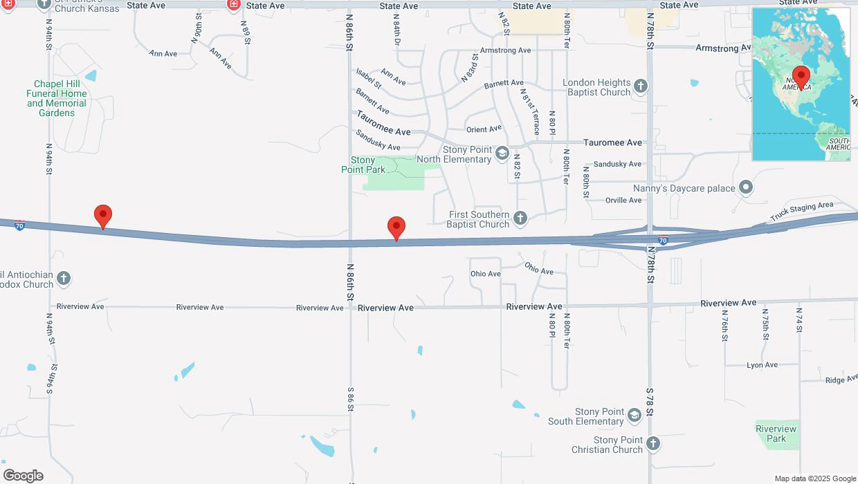 A detailed map that shows the affected road due to 'Heavy snowfall on westbound I-70 in Kansas City' on February 17th at 11:49 p.m.
