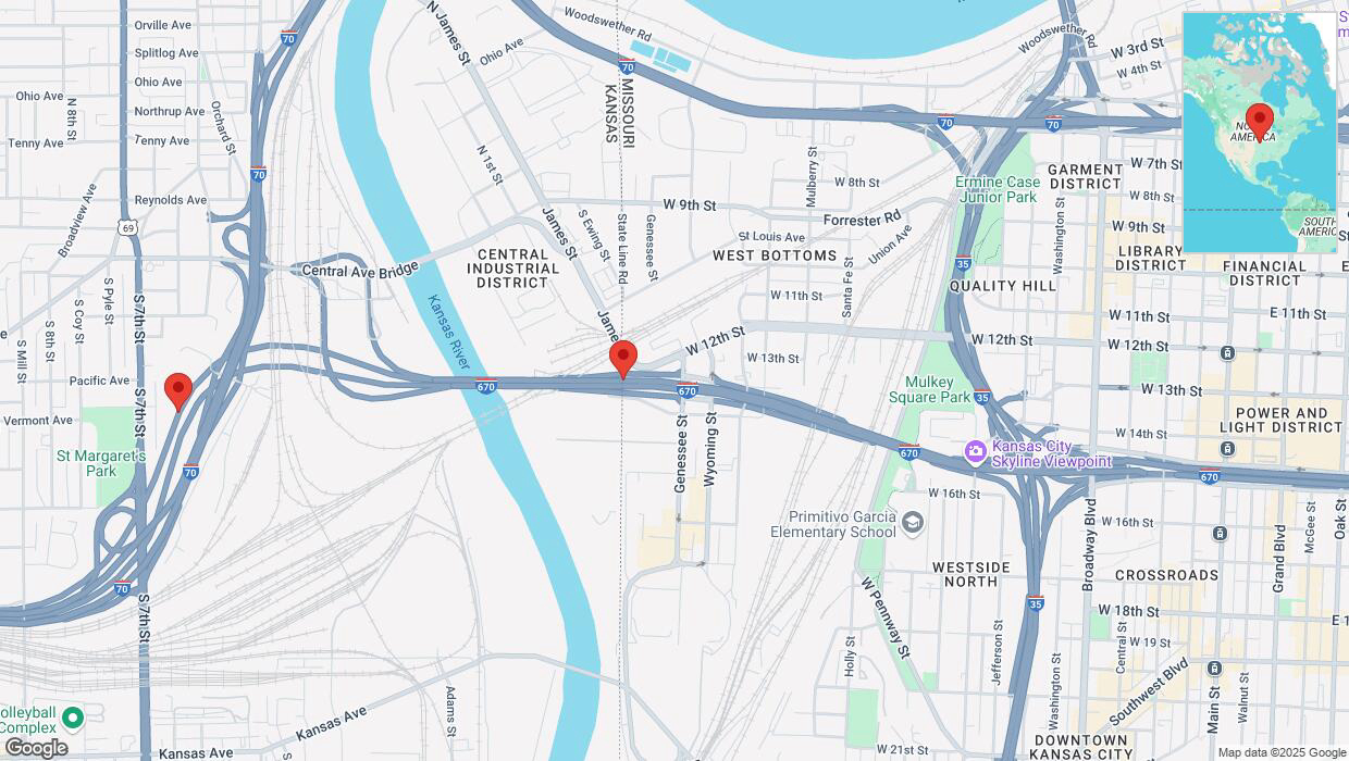 A detailed map that shows the affected road due to 'Heavy snowfall on westbound I-670 in Kansas City' on February 17th at 11:49 p.m.