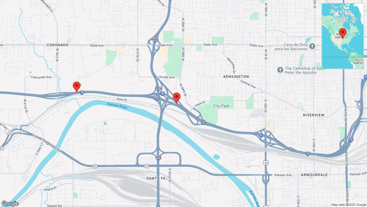 A detailed map that shows the affected road due to 'Heavy snowfall on westbound I-70 in Kansas City' on February 17th at 11:49 p.m.