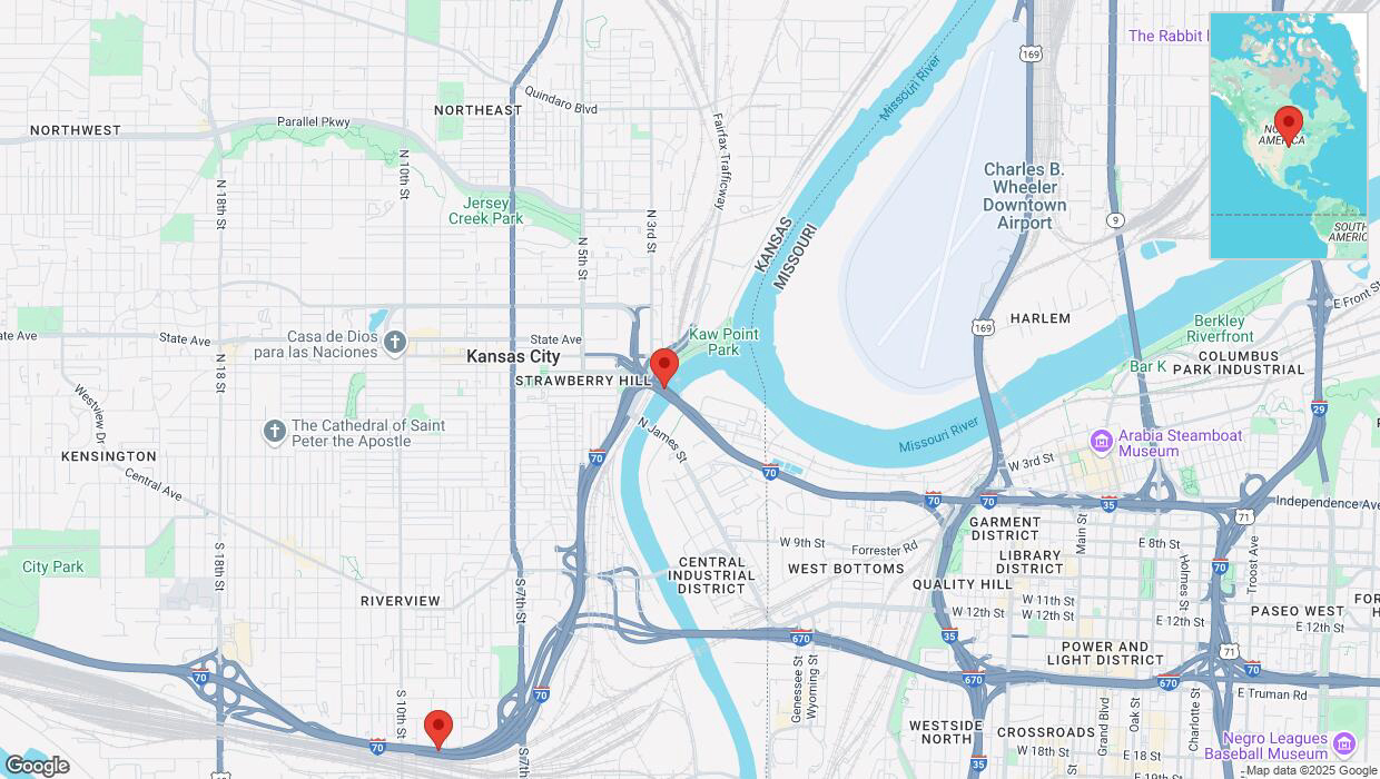 A detailed map that shows the affected road due to 'Heavy snowfall on westbound I-70 in Kansas City' on February 17th at 11:49 p.m.