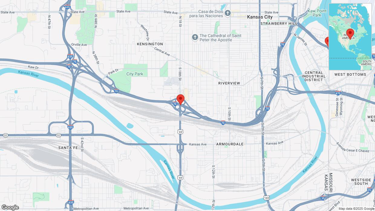 A detailed map that shows the affected road due to 'Heavy snowfall on eastbound I-70 in Kansas City' on February 17th at 11:49 p.m.