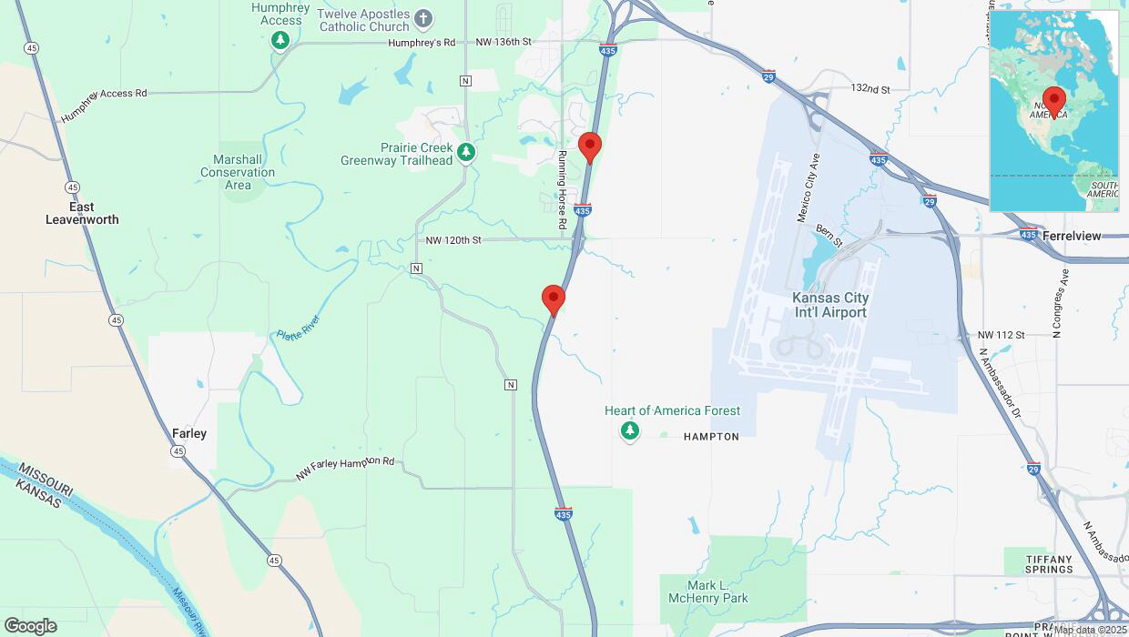 A detailed map that shows the affected road due to 'Heavy snowfall on northbound I-435 in Kansas City' on February 17th at 11:54 p.m.