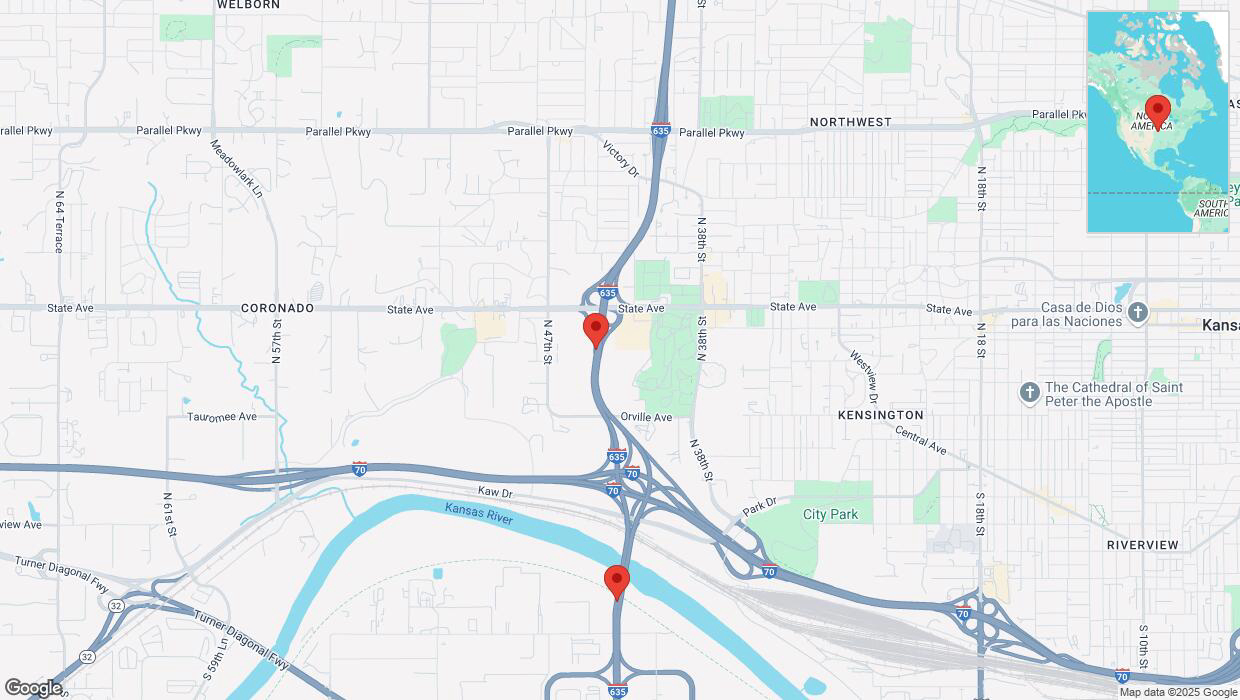 A detailed map that shows the affected road due to 'Heavy snowfall on southbound I-635 in Kansas City' on February 17th at 11:54 p.m.
