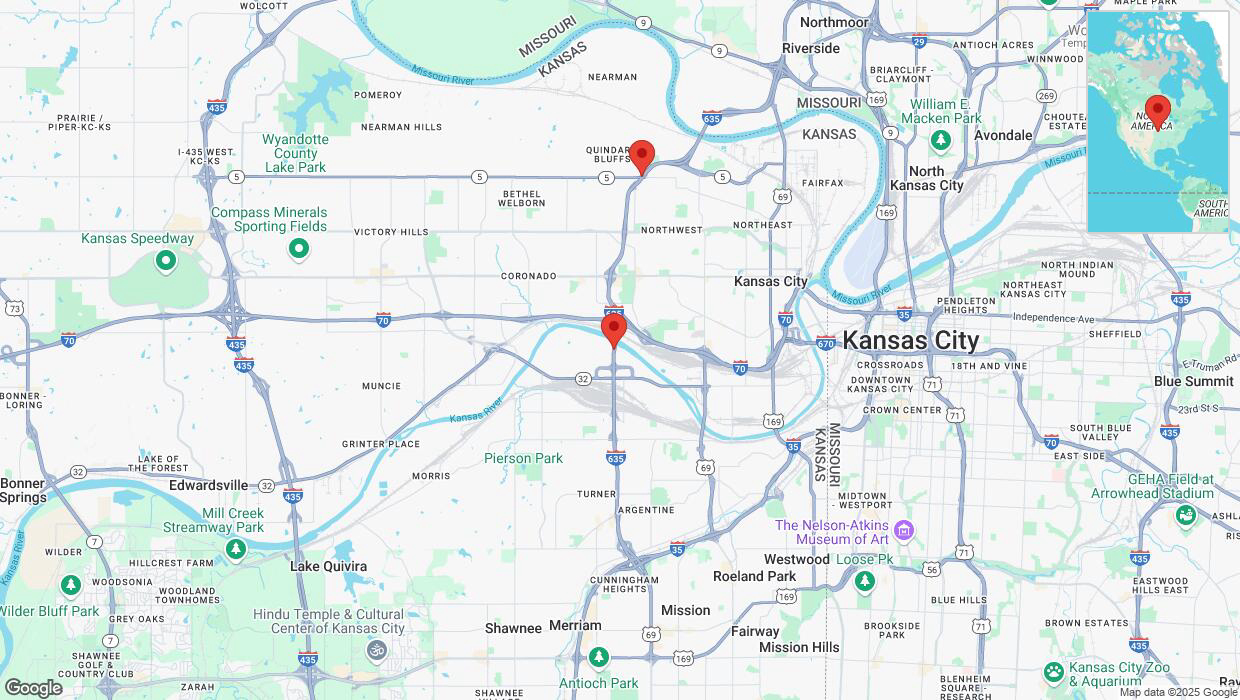 A detailed map that shows the affected road due to 'Heavy snowfall on northbound I-635 in Kansas City' on February 17th at 11:54 p.m.