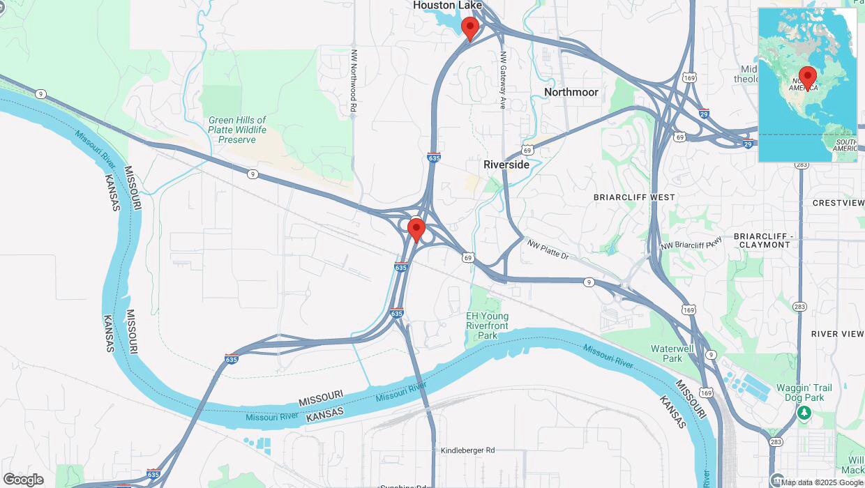 A detailed map that shows the affected road due to 'Heavy snowfall on northbound I-635 in Riverside' on February 17th at 11:54 p.m.