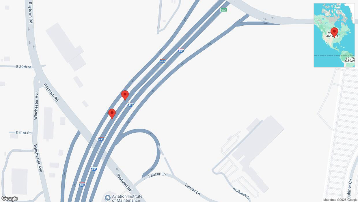 A detailed map that shows the affected road due to 'Broken down vehicle on southbound I-435 in Kansas City' on February 19th at 3:45 p.m.