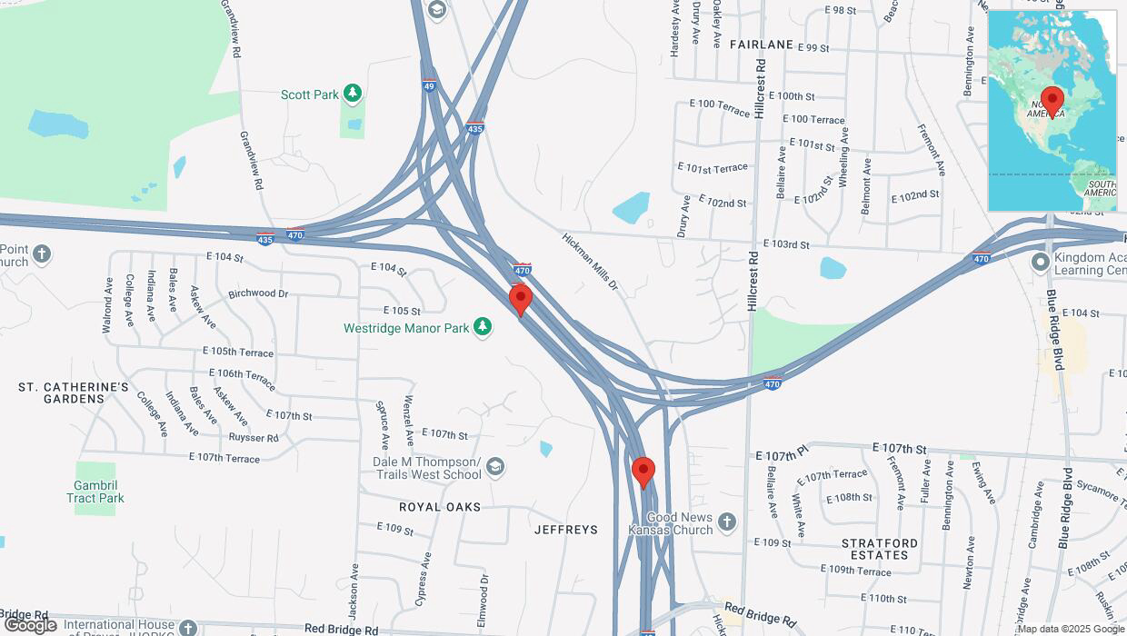 A detailed map that shows the affected road due to 'Heavy snowfall on U.S. 50 in Kansas City' on February 18th at 5:40 p.m.
