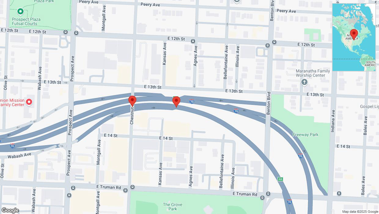 A detailed map that shows the affected road due to 'Broken down vehicle on eastbound I-70 in Kansas City' on February 19th at 8:56 p.m.