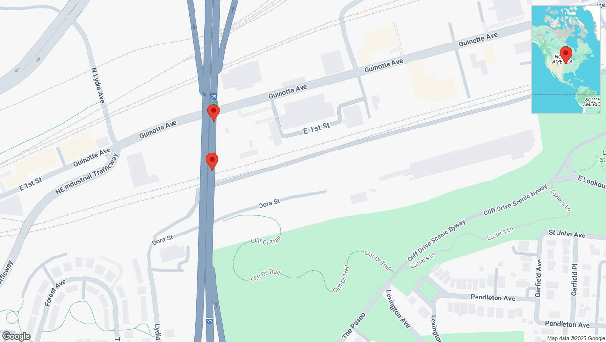 A detailed map that shows the affected road due to 'Broken down vehicle on northbound I-29/I-35 in Kansas City' on February 18th at 3:05 p.m.