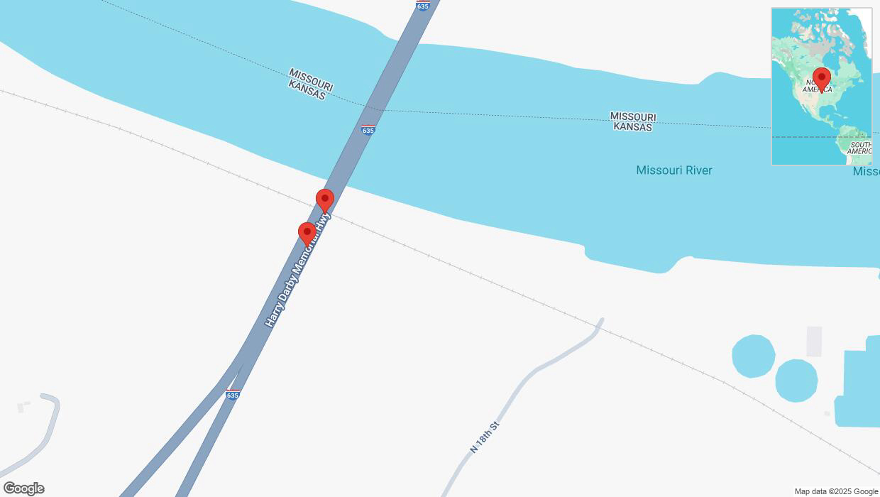 A detailed map that shows the affected road due to 'Broken down vehicle on northbound I-635 in Kansas City' on February 18th at 12:04 p.m.
