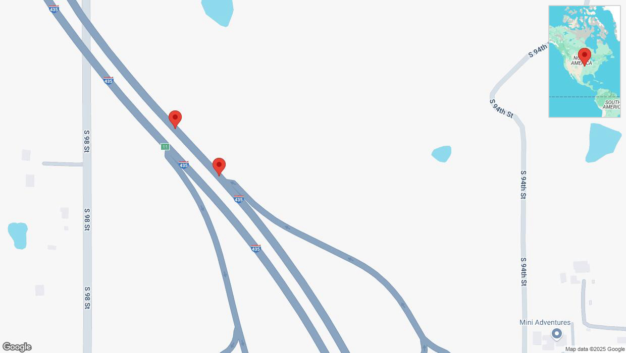 A detailed map that shows the affected road due to 'Broken down vehicle on northbound I-435 in Edwardsville' on February 18th at 12:04 p.m.