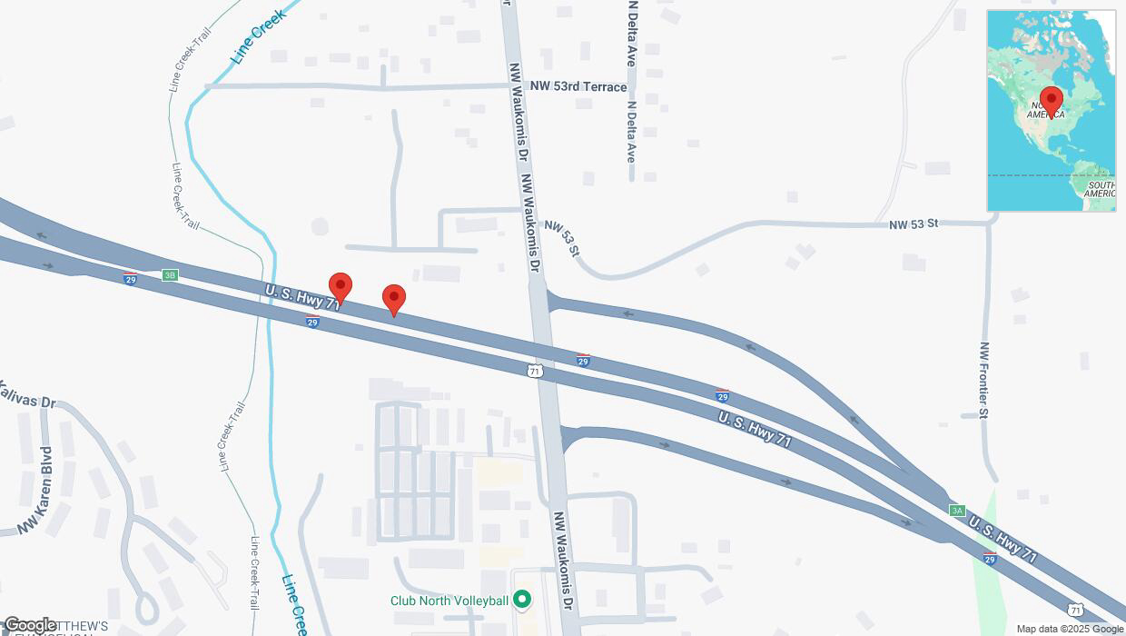 A detailed map that shows the affected road due to 'Broken down vehicle on northbound I-29 in Kansas City' on February 21st at 5:19 p.m.