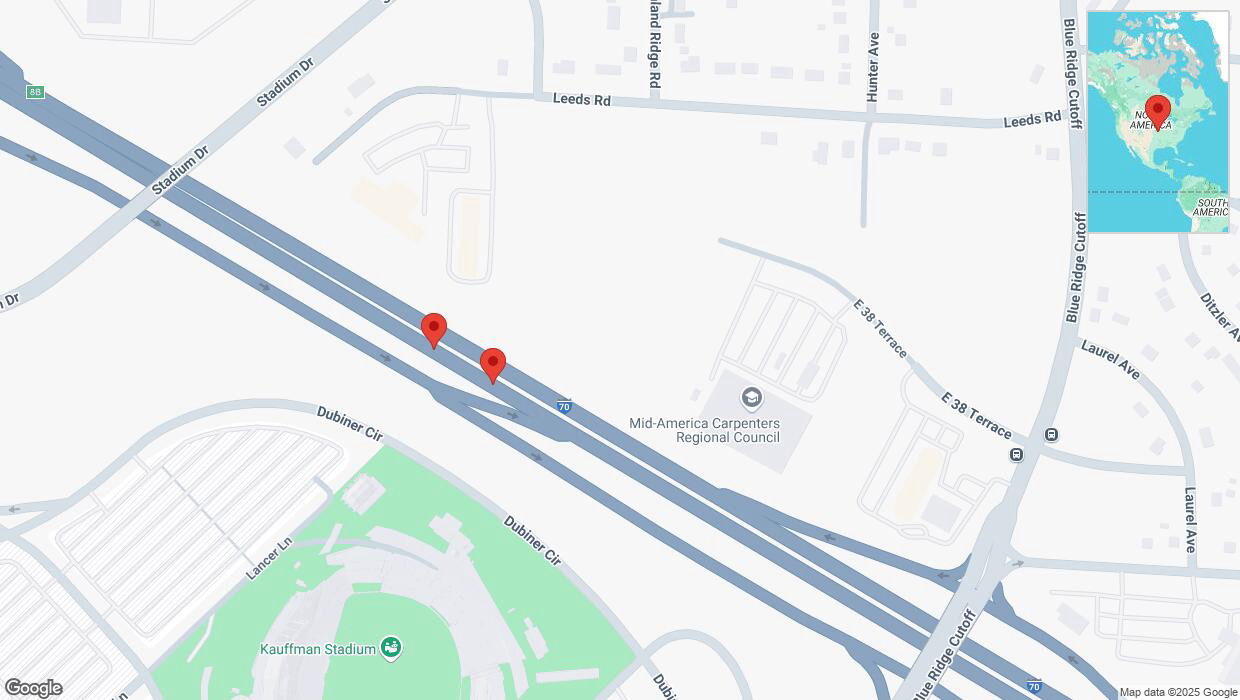 A detailed map that shows the affected road due to 'Broken down vehicle on eastbound I-70 in Kansas City' on February 18th at 12:32 p.m.