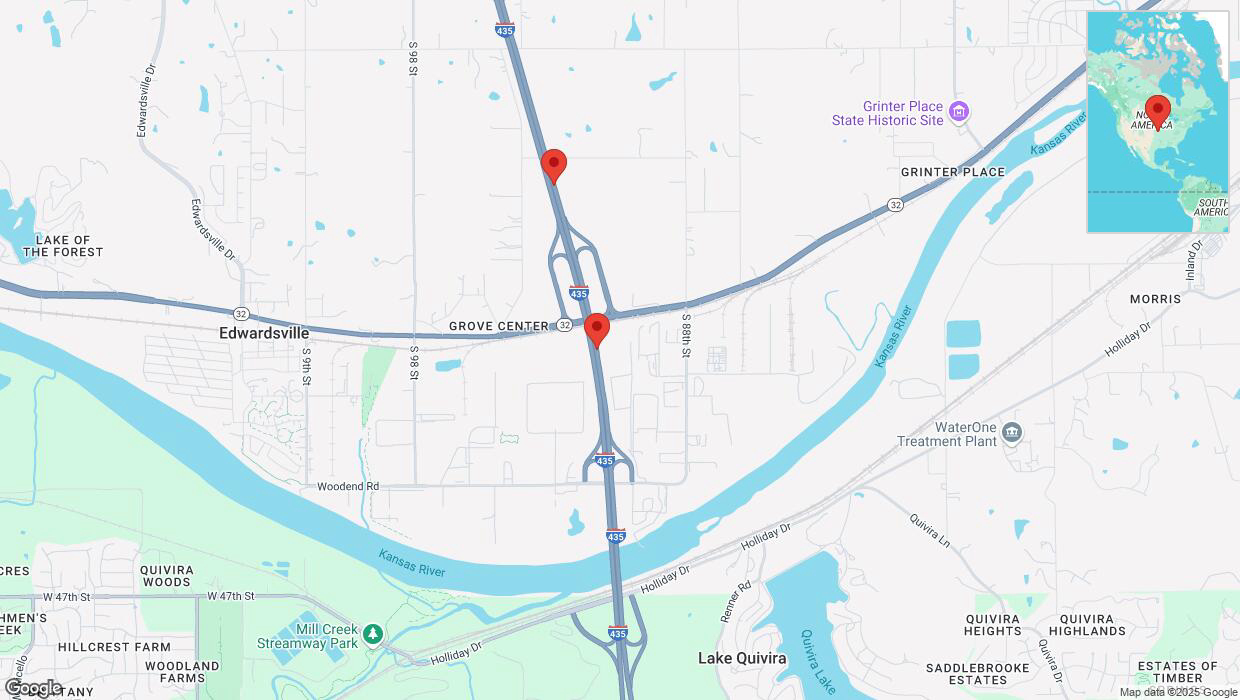 A detailed map that shows the affected road due to 'Crash report: I-435' on February 18th at 12:38 p.m.