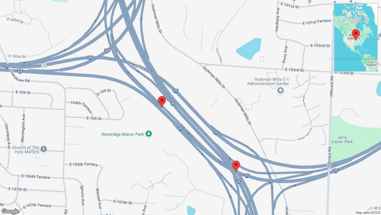 A detailed map that shows the affected road due to 'Heavy snowfall on U.S. 50 in Kansas City' on February 18th at 12:43 p.m.