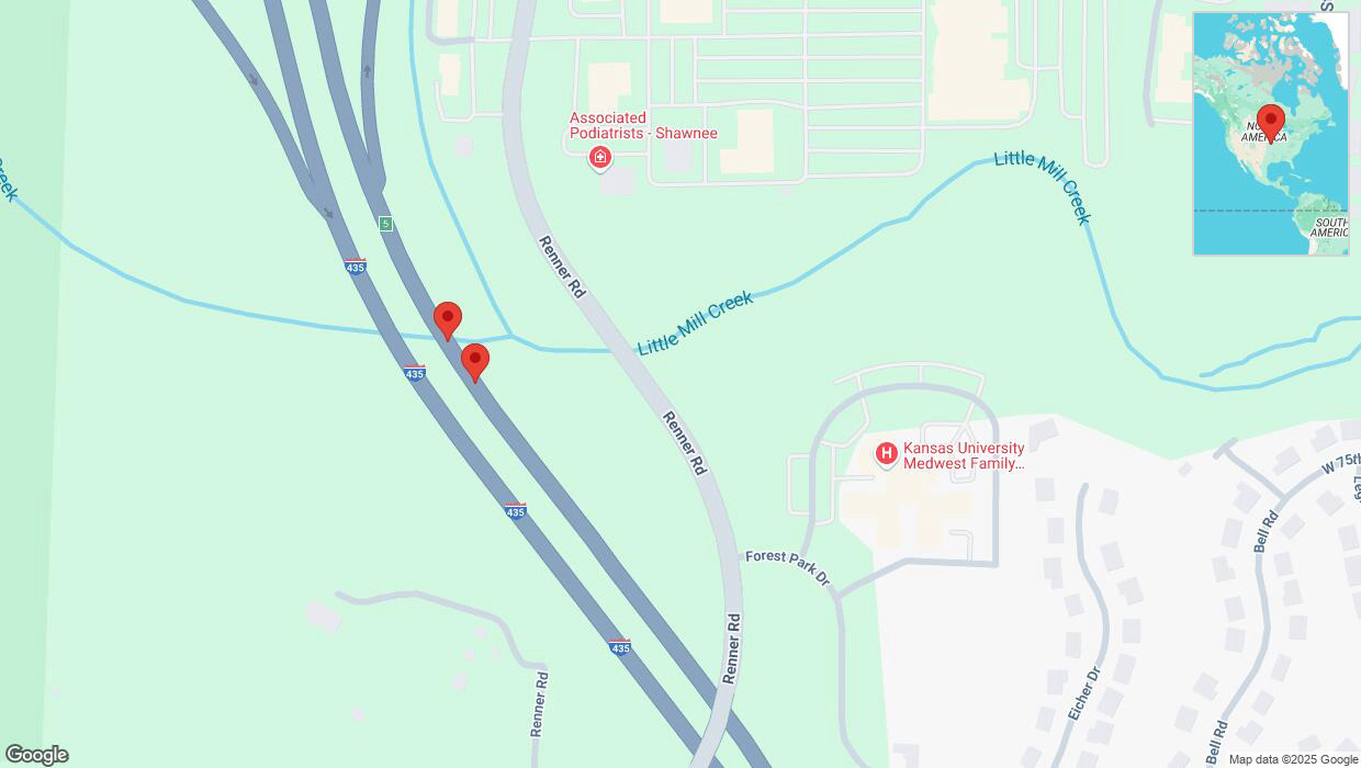 A detailed map that shows the affected road due to 'Warning in Shawnee: Crash reported on northbound I-435' on February 18th at 12:49 p.m.