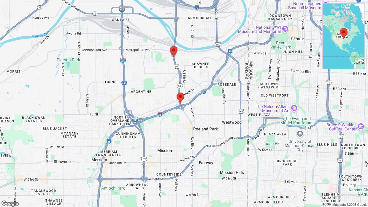 A detailed map that shows the affected road due to 'Heavy snowfall on northbound US-69 in Kansas City' on February 18th at 12:49 p.m.