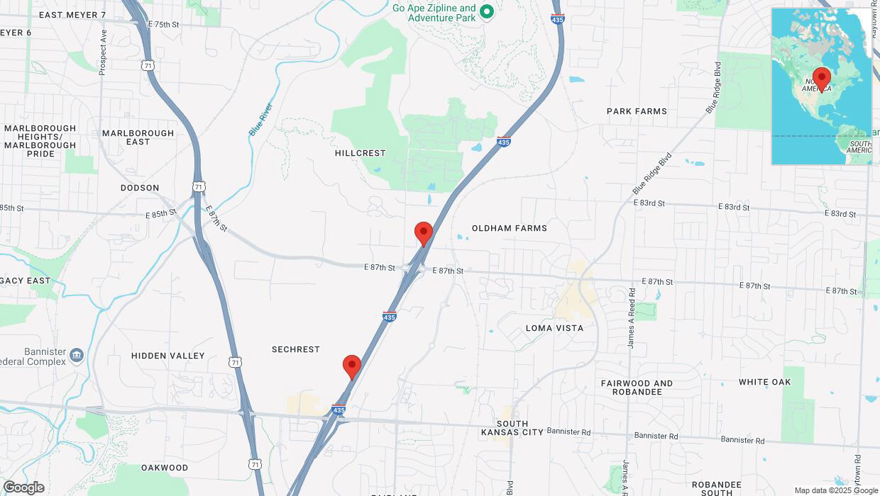 A detailed map that shows the affected road due to 'Heavy snowfall on southbound I-435 in Kansas City' on February 18th at 12:49 p.m.